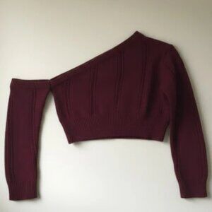 SHEIN Burgundy One-Shoulder Knit Crop Sweater Large Asymmetrical Long Sleeve Top